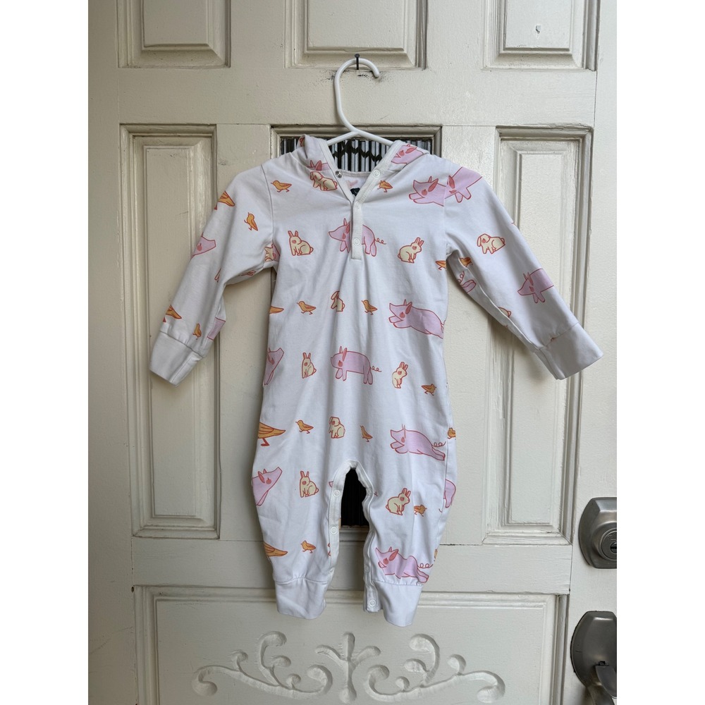 Monica + Andy Farm Animal Hooded Romper White Pink Size‎ 9-12M Organic Cotton
